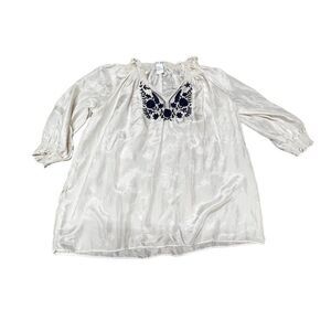 Eduardo Blanco Sheer Silk White Blouse With Blue Emrboidered Flowers Small